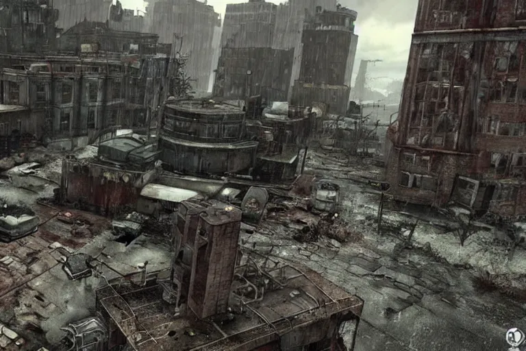 Image similar to rainy!!, ruined city!!, fallout, post apocalyptic, dystopian, futuristic machines