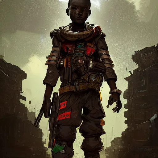 Prompt: a dark and ominous african child soldier with glowing eyes and a half robot face, Apex Legends character digital illustration portrait design, by android jones and greg rutkowski in a cyberpunk voodoo style, detailed, cinematic lighting, wide angle action dynamic portrait