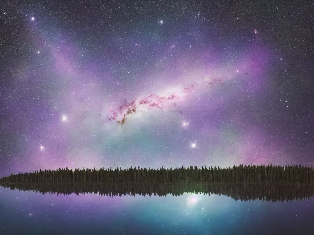 Image similar to nebula above a clear blue lake in the middle of an evergreen forest