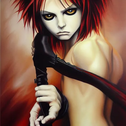 Image similar to detailed portrait of emo britney spears anime death note intricate, hyper detailed, realistic, oil painting, by julie bell, frank frazetta, cinematic lighting