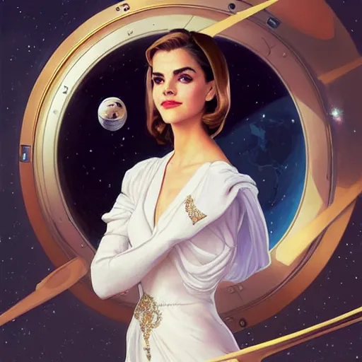 Image similar to A combination of Victoria Justice's and Grace Kelly's and Emma Watson's appearances as an astronaut, full body portrait, western, D&D, fantasy, intricate, elegant, highly detailed, digital painting, artstation, concept art, matte, sharp focus, illustration, art by Artgerm and Greg Rutkowski and Alphonse Mucha