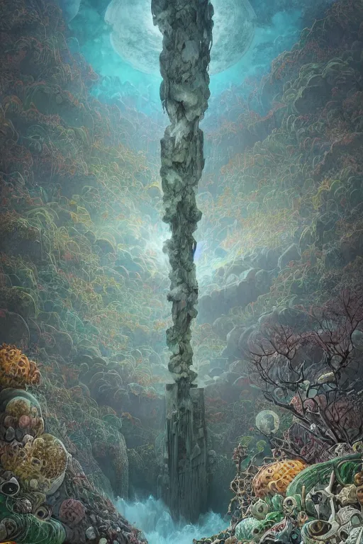 Prompt: a tall monolithic brutalist stone autumnal building plunging in to a giant sink hole in the ground, a surreal moonscape of autumnal tiers spreading, trees and geology made of dripping fluid, ornate, peter mohrbacher, fred tomaselli, victo ngai, roger dean