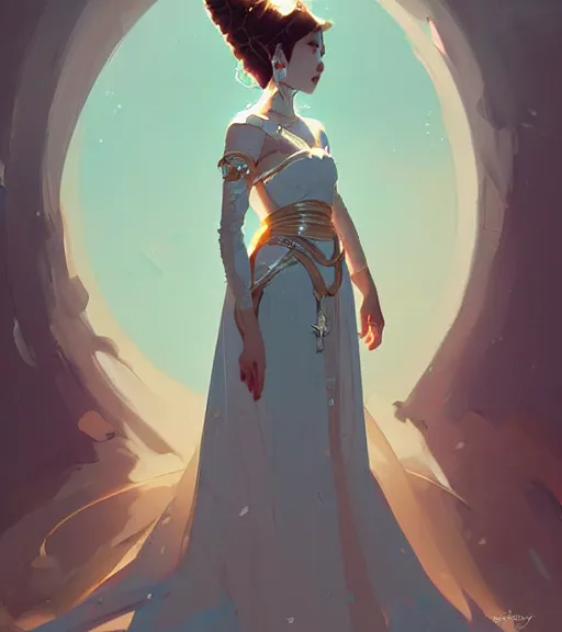 Image similar to portrait of a beautiful female immortal queen in complex and shiny dress 汉 服 by atey ghailan, by greg rutkowski, by greg tocchini, by james gilleard, by joe fenton, by kaethe butcher, dynamic lighting, gradient light blue, brown, blonde cream and white color scheme, grunge aesthetic