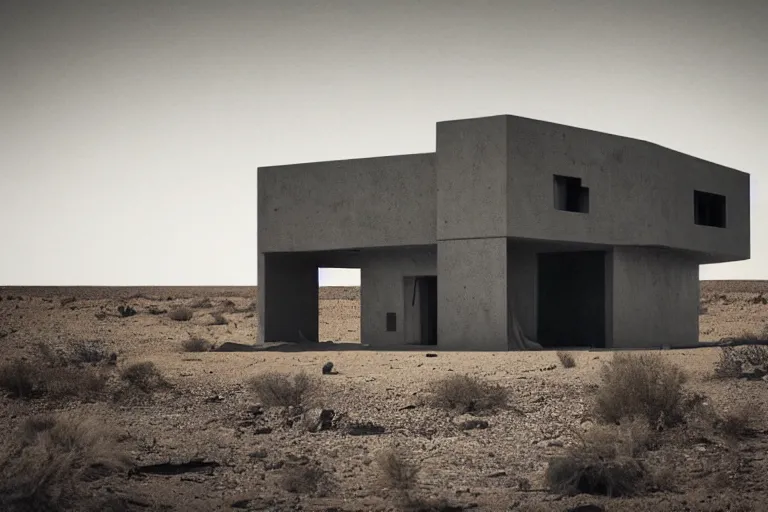 Prompt: desolate futuristic house in the middle of the desert, dramatic, desolate, award winning, high detailed