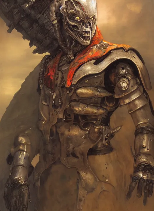 Prompt: portrait of a diabolical cyborg clown warrior, torn cape, adaptive armor, dynamic pose, heavy eyes to the side, ancient ruins, glowing veins subsurface scattering, in clouds, sunset, portrait, by gerald brom, by mikhail vrubel, by peter elson, muted colors, extreme detail, reflections, trending on artstation, 8 k