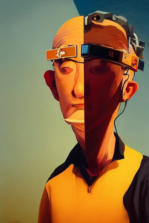 Image similar to Satoshi Nakamoto wearing oculus and bitcoin over his head Edward Hopper and James Gilleard, Zdzislaw Beksisnski, highly detailed