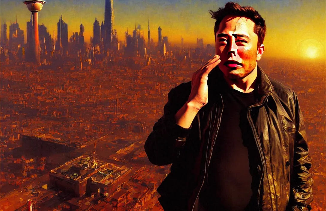 Image similar to portrait of elon musk!!!!!!!!!!!!!!!!!!!!!!!!!!!, detailed face, detailed painting, detailed city background, epic lighting, by ilya repin and phil hale