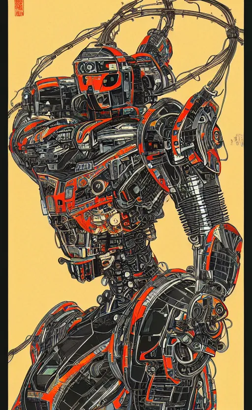 Image similar to upper half portrait of army mecha robot - wires and vines as poster design borders, art by utagawa kunisada, highly detailed, digital painting, concept art, illustration, smooth sharp focus, intricate, symmetry, artstation, colourful,