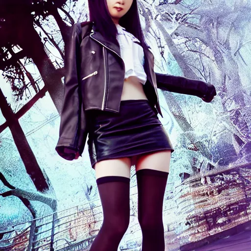 Image similar to a dynamic, epic cinematic 8K HD movie shot of a japanese young J-Pop idol girl wearing leather jacket, miniskirt, nylon tights and high heels boots. Motion, VFX, Inspirational arthouse