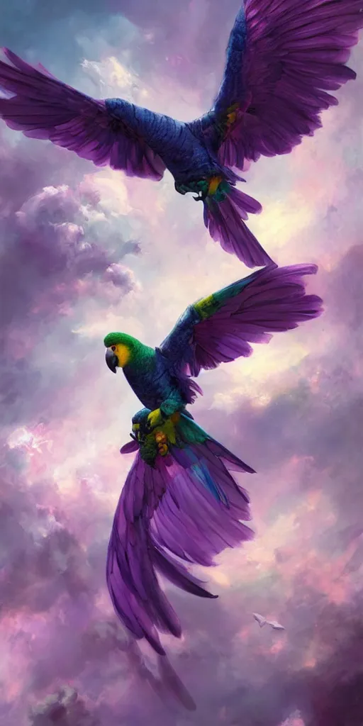 Image similar to a painting of a purple parrot flying through the sky, poster art by raymond swanland, deviantart, fantasy art, christian, deviantart, mystical