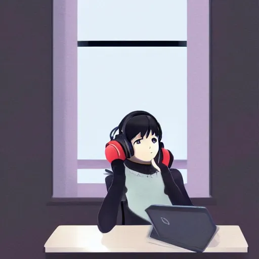 Image similar to Anime painting of a black haired girl wearing headphones while studying in her warm cozy home, behind her a cold window, by makoto shinkai, relaxed, calm, trending on artstation, kimi no na wa