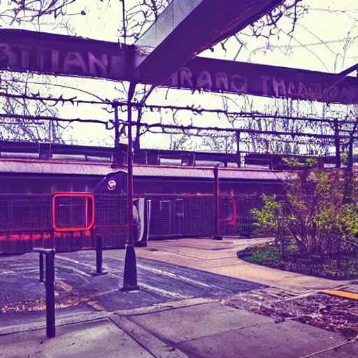 Prompt: A train station platform in the Upside Down from Stranger Things, spooky, vines everywhere, horror movie atmosphere, film still from Stranger Things