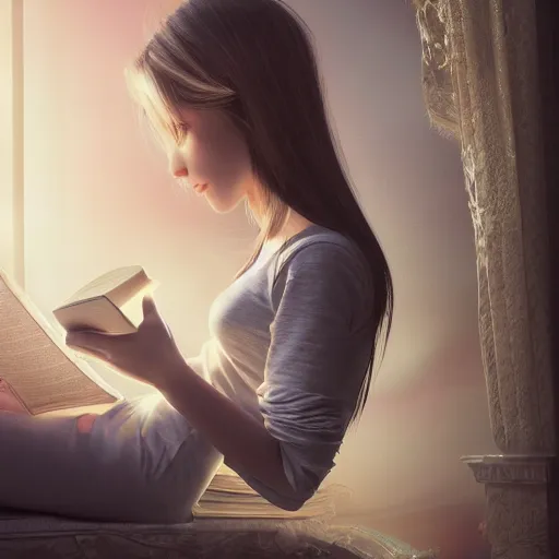 Image similar to ! dream a girl reading a book, her hair flowing down, hyper - realistic, very detailed, intricate, slight smile expression, photo realistic, dramatic cinematic lighting, octane render, 4 k, ultra detailed