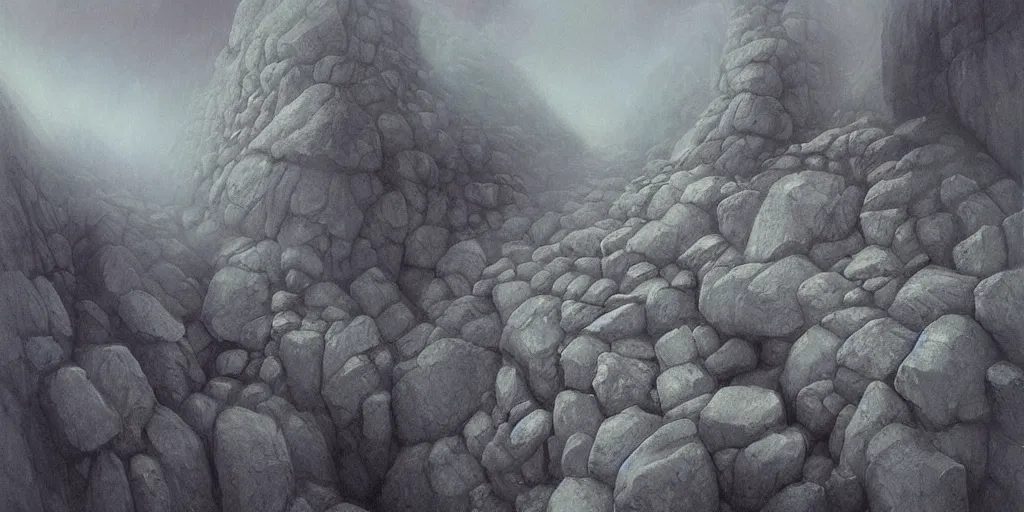 Image similar to rock avalanche, mid action, mist, illustration, detailed, smooth, soft, cold, by Adolf Lachman, Shaun Tan, Surrealism