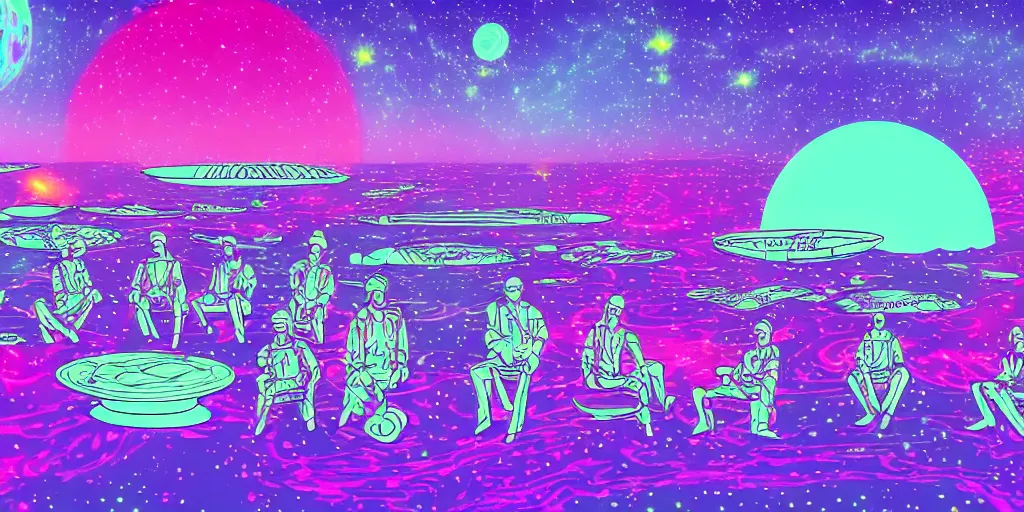 Image similar to twelve astronauts sitting by the river with a big holiday cake + psychedelic vegetation + purple, pink, blue + planets and stars + mystical fog, vintage sci - fi style of the 5 0 s, rule of the third!!!!, line graphics, 8 k, super detail, high quality