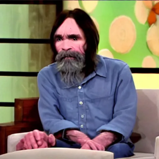 Image similar to charles manson on the ellen show, tv screen cap, detailed eyes, face and upper body focus, soft lighting