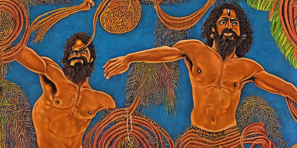 Image similar to an abstract tropical landscape, portrait of a hairy - chested dark - skinned greek god dancing. 2 4 mm, photorealistic, muted color scheme, directed by mati klarwein