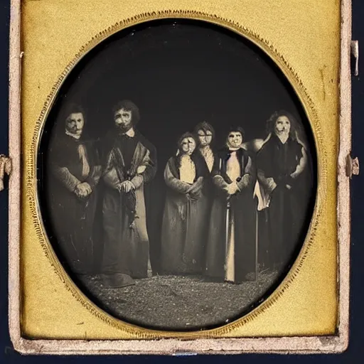 Prompt: 1800s daguerreotype of a group of people in occult costumes performing a ritual at night at stonehenge. a UFO is overhead