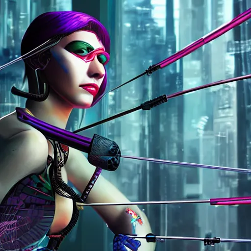 Prompt: photo of a cyberpunk female archer