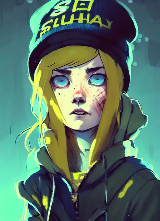 Image similar to highly detailed portrait of a sewer punk lady student, blue eyes, plaid hoody, hat, white hair by atey ghailan, by greg rutkowski, by greg tocchini, by james gilleard, by joe fenton, by kaethe butcher, gradient yellow, black, brown and cyan color scheme, grunge aesthetic!!! ( ( graffiti tag wall background ) )