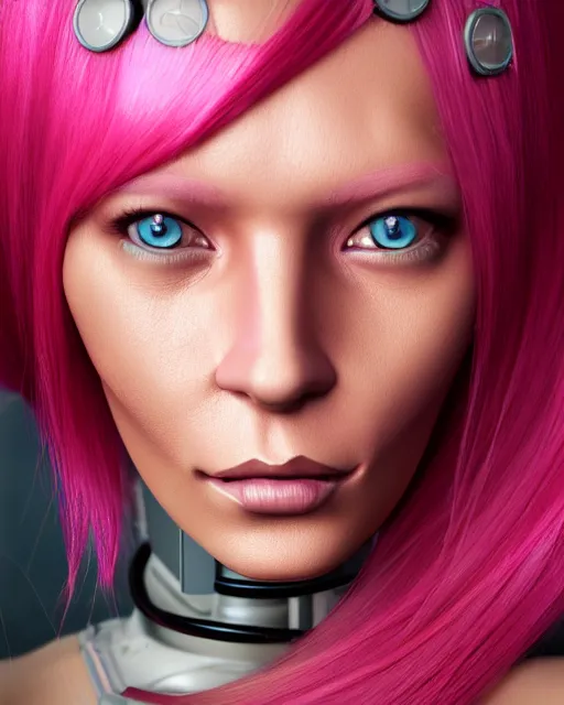 Image similar to portrait of a beautiful tan woman with pink hair as a cyberpunk cyborg half robot, revealing wires and electronics, hooked - up, sci - fi, missing panels, intricate abstract upper body intricate artwork, concept art, octane render, deviantart, cinematic, key art, hyperrealism, iridescent accents, portrait photograph, nikon 3 5 mm, photograph by greg rutkowski