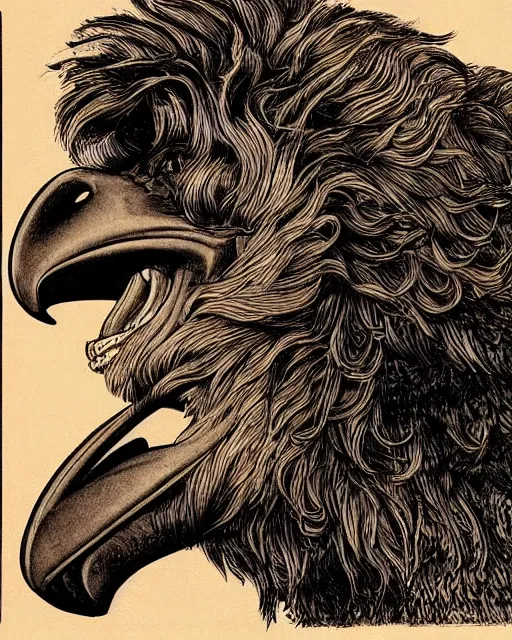 Image similar to a creature with the body and eyes of a man, with the beak of an eagle, the mane of a lion, and the horn of a bull. drawn by moebius