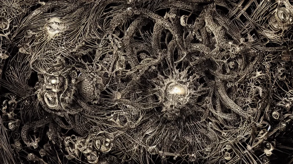 Prompt: beautiful macro photography of a coronavirus inside a television screen, dark, sinister, detailed, high contrast, art by Ernst Haeckel and Greg Rutkowski