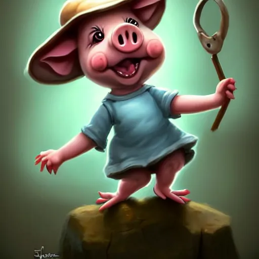 Prompt: cute little anthropomorphic funny female pig wearing shorts, a hat and a pale blue shirt!! tiny!! fully clothed!!! small, short, cute and adorable, character art portrait, matte fantasy painting, deviantart artstation, by jason felix by steve argyle by tyler jacobson by peter mohrbacher, cinema