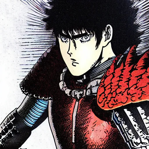 Prompt: an up close ultra detailed panel from berserk of guts wearing his berserker armor with his eyes glowing red, berserk manga, colored manga panel