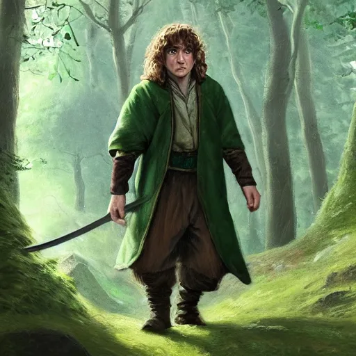 Prompt: a portrait of a handsome hobbit rogue wearing a dark green hood and a cloak in the forest, wearing adventure gear, holding a sword, ultra realistic, detailed, masterpiece, short brown hair, clean shaven, by Tony Sart and Randy Vargas and Greg Rutkowski, trending on ArtStation