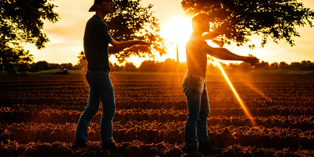 Image similar to the sunset's light beam, tom holand, action pose, outside in a farm, medium close up shot, depth of field, sharp focus, waist up, movie scene, anamorphic,