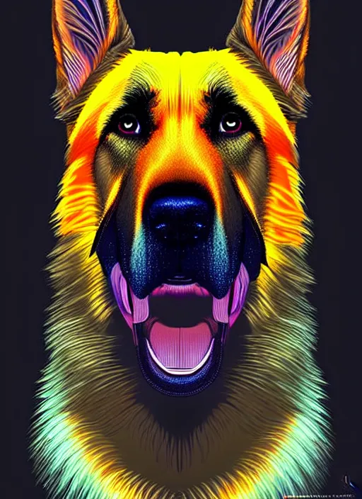 Prompt: symmetry!! product render poster vivid colors divine proportion german shepard hound mix, scifi, glowing fog intricate, elegant, highly detailed, digital painting, artstation, concept art, smooth, sharp focus, illustration, art by artgerm