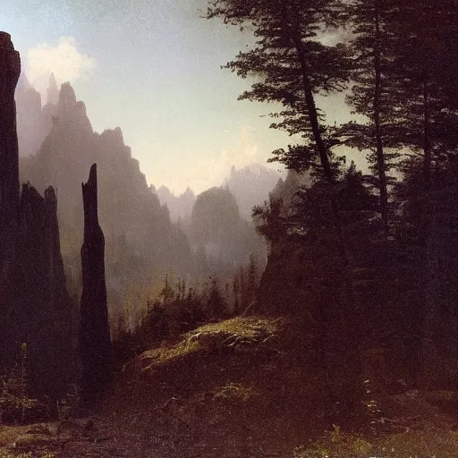 Prompt: a dark monolith in a natural landscape, bierstadt style