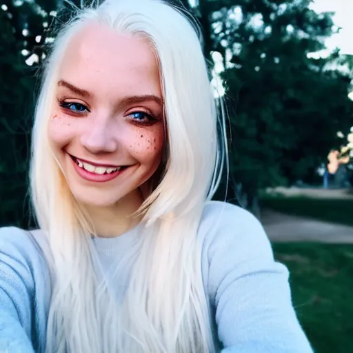 Image similar to beautiful selfie of a cute thin young woman smiling smugly, long light platinum blonde hair, flushed face, small heart - shaped face, cute freckles, light blue eyes, golden hour, 8 k, instagram