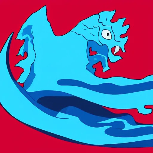 Image similar to a blue water wave in the silhouette shape of Godzilla, cartoon drawing