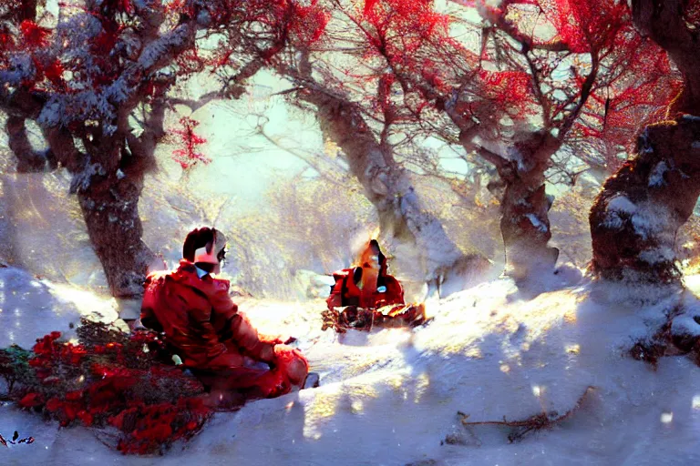 Prompt: winter, a clean - shaven white businessman relaxing under a world tree with red flowers, ground covered with snow, extreme long shot, fantasy, painting by gaston bussiere, craig mullins, j. c. leyendecker, trending on artstation