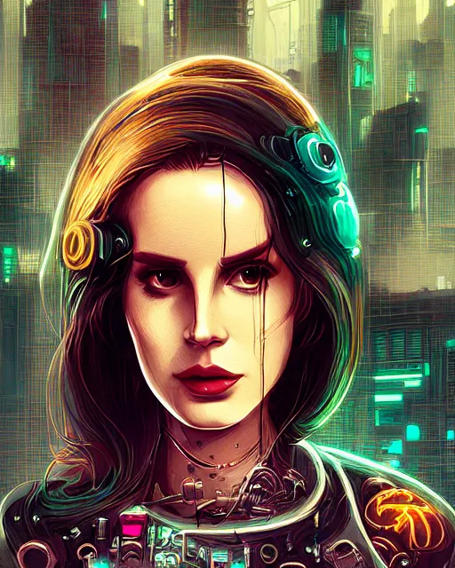 Image similar to portrait of lana del rey as a cyberpunk cyborg. roses, sci - fi, missing panels, intricate abstract, upper body, intricate artwork, by tooth wu, wlop, beeple, dan mumford. concept art, 8 k octane render, deviantart, greg rutkowski, cinematic, key art, hyperrealism, iridescent accents