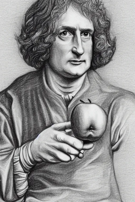 Image similar to isaac newton holding an apple, hand drawing, graphite