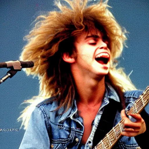 Image similar to 1 9 - year - old girl or boy with shaggy, unkempt, permed hair, double denim, headbanging, playing electric guitar, heavy rock concert, 1 9 9 2 live at lollapalooza, vhs quality