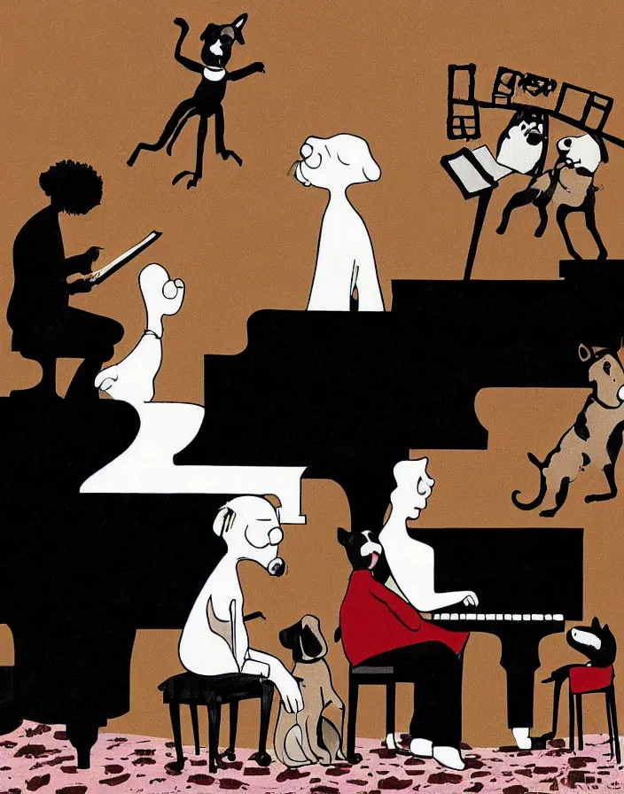 Image similar to a white person and a black person near the piano keyboard with two dogs by tim burton