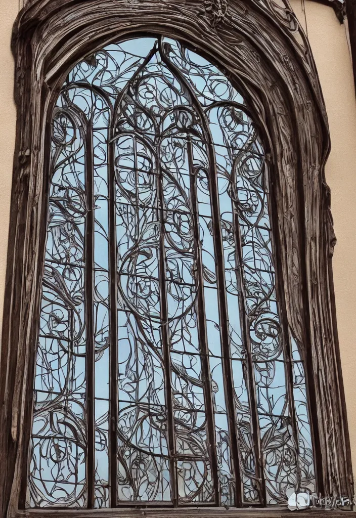 Image similar to photo of a beautiful window, symmetrical, symmetry, art nouveau, iron frame, skyrim