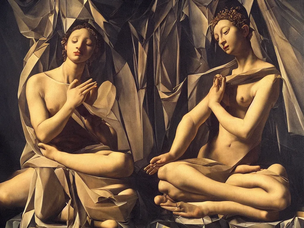 Image similar to hyperrealistic still life painting of a 3d statue sitting down cross legged goddess meditating, wrapped in fabric and gently smiling, surrounded by prisms in a tesseract, by Caravaggio, botanical print, surrealism, vivid colors, serene, golden ratio, minimalism, negative space