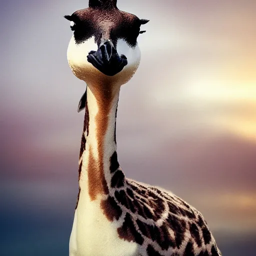 Image similar to a real footage of a new animal species, a mix hybdrid between a penguin body, a giraffe neck, hyperdetailed mix, photomanipulation