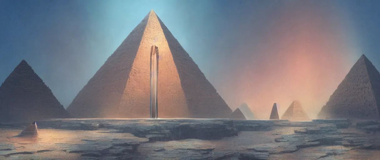 Prompt: closeup of magic gate made of water, pyramids in the desert, floating stones, cascading iridescent waterfalls, dimension of infinite space, by beksinski, greg rutkowski, wlop, artgerm, andrei riabovitchev, nuri iyem, james gurney, james jean, highly detailed, soft lighting, 8k resolution, oil on canvas