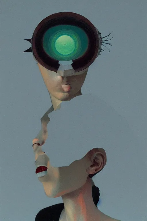 Image similar to woman wearing Oculus and digital glitch head Edward Hopper and James Gilleard, Zdzislaw Beksisnski, higly detailed