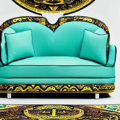 Image similar to a sofa designed by versace in the style of versace dylan turquoise, advertising photography