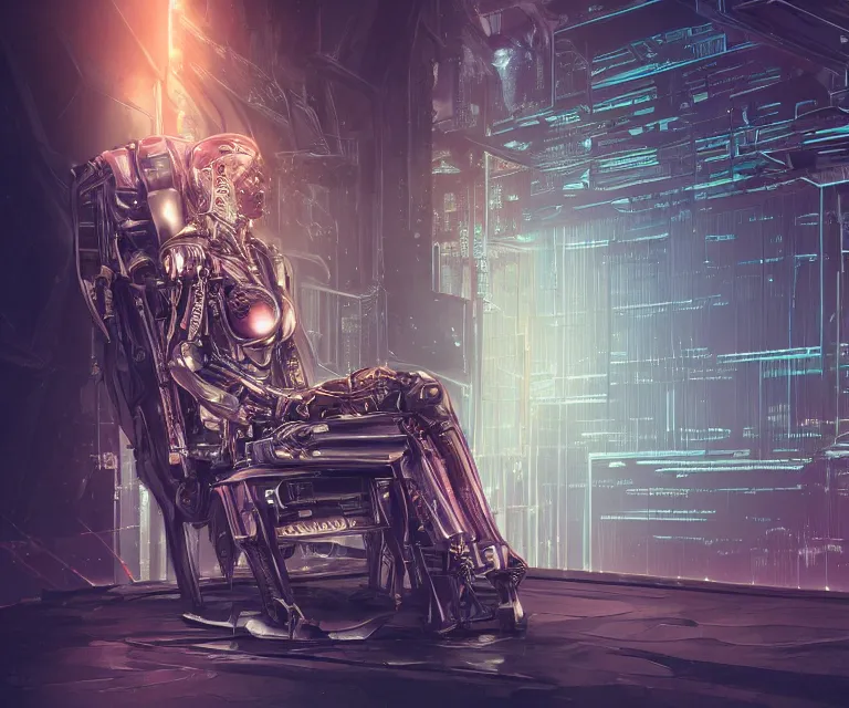 Prompt: translucent cyborg sitting on a metal throne in a futuristic castle, cyberpunk, highly detailed, sharp lines, neon lights