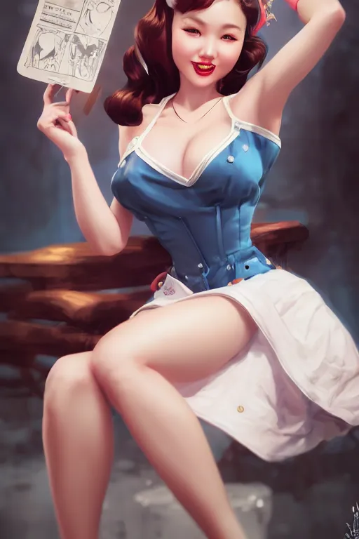 Prompt: a pin up and beautiful fashion and dreamlke girl, charming smile, by artgerm lau, & jeehyung lee & wlop, hyperdetailed, 8 k realistic, symmetrical, frostbite 3 engine, cryengine, dof, trending on artstation, trending on deviantart