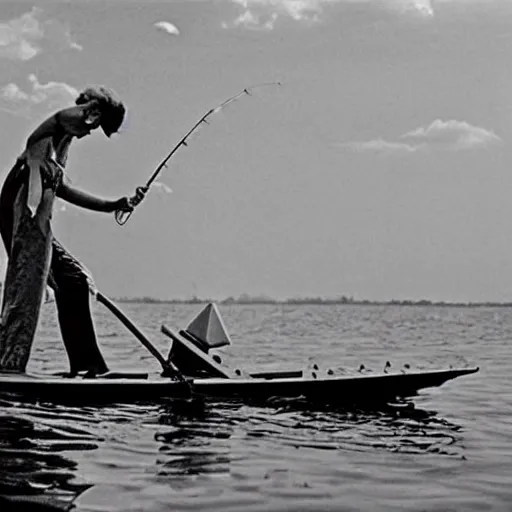 Prompt: alien is fishing on a boat in the middle of the lake, top secret style, 1 9 6 0 s, color