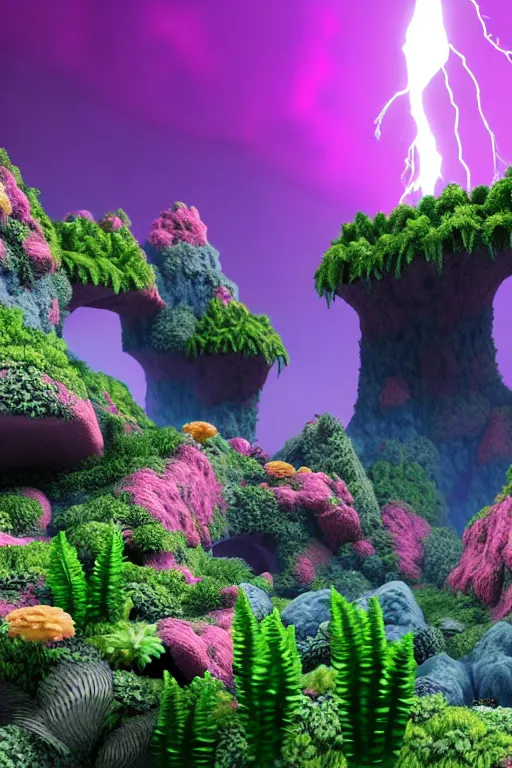 Prompt: a ultra - realistic massive volume cave : 5, bright coloured natural flowers and ferns : 4, a miniature tiny futuristic city : 5, overlooking an endless plain with pink lightning clouds : 4, highly symmetrical, balanced, octane render, in the style of sahm : 3 hd, 4 k, ultra - realistic, in unreal engine